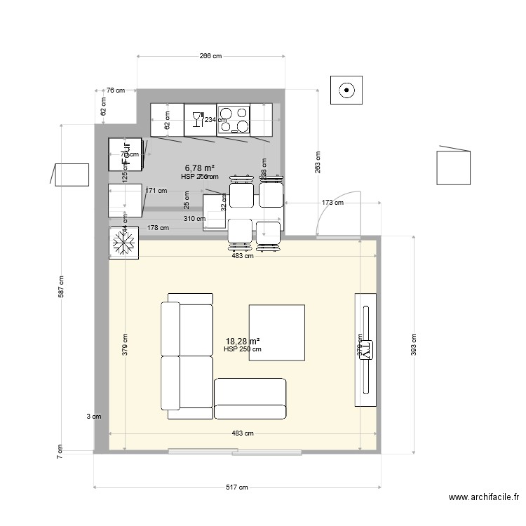 cusine . Plan de 2 pièces et 25 m2