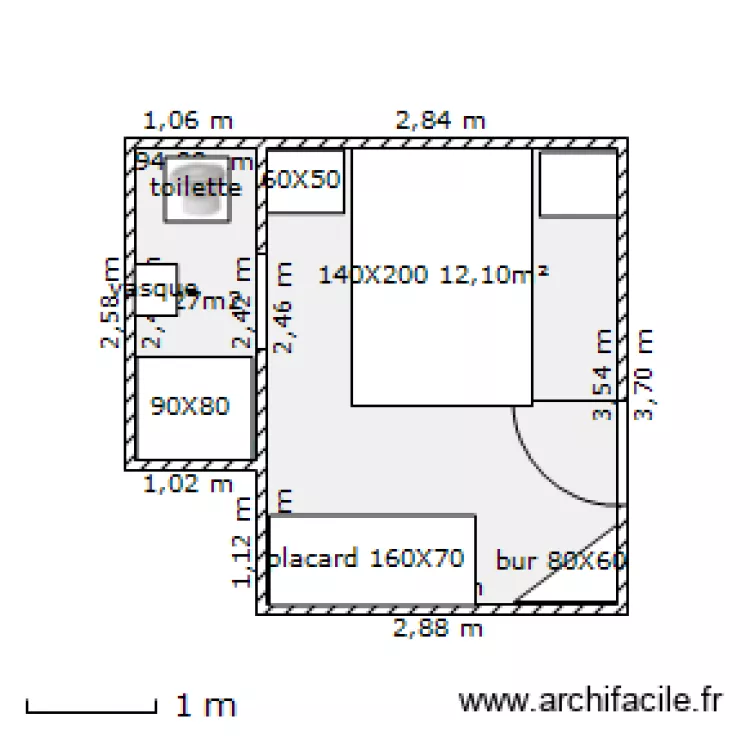 chambreSE/WC 12,10m². Plan de chambreSE/WC 12,10m². Plan de