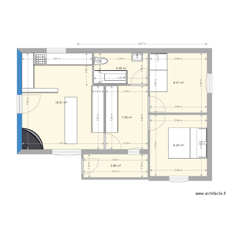 existant . Plan de 6 pièces et 53 m2