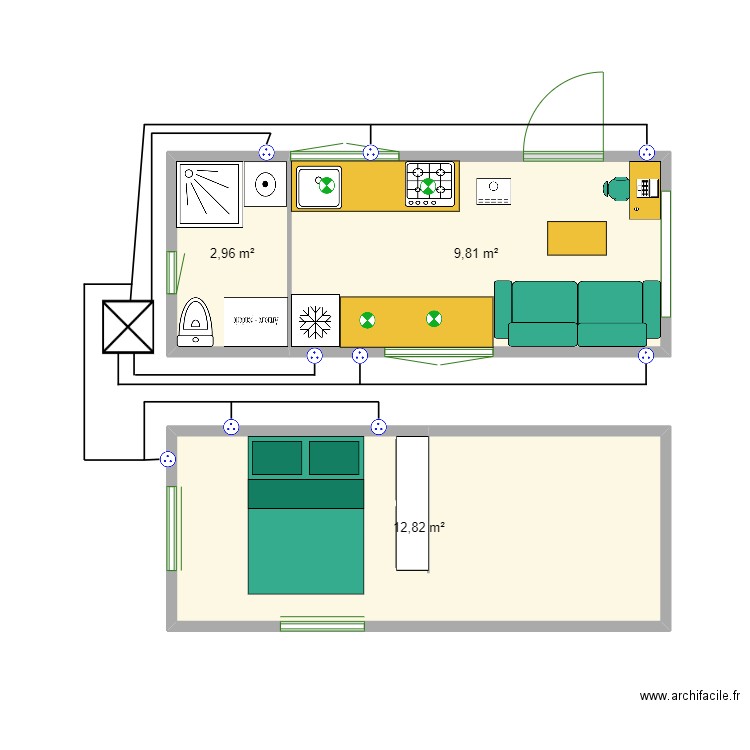 tiny house. Plan de 3 pièces et 26 m2