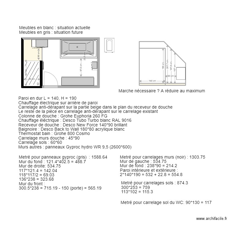 Wépion - Salle de bains New. Plan de 6 pièces et 15 m2