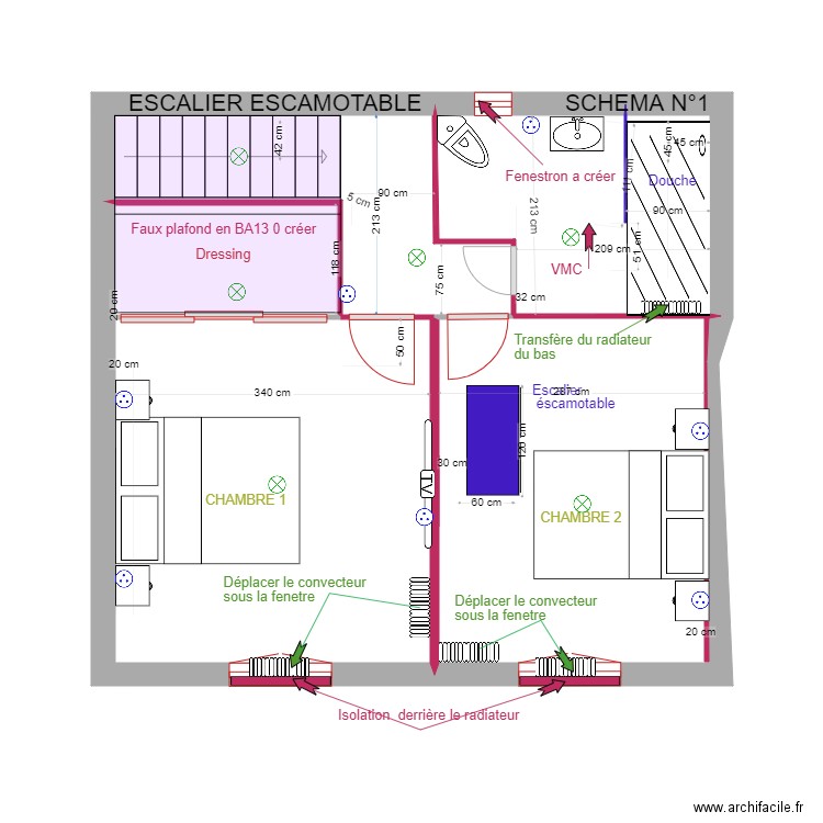 faux plafond BA13 1er étage. Plan de 4 pièces et 31 m2