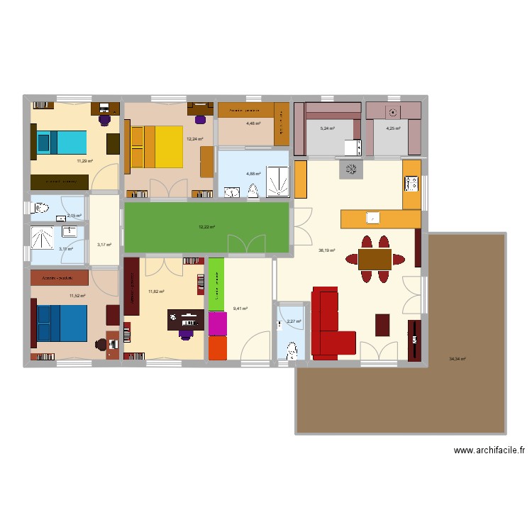 corridor vert. Plan de 16 pièces et 169 m2