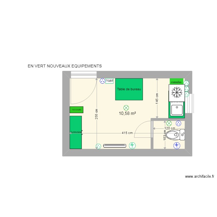 projet loge Les Fougeres. Plan de 1 pièce et 11 m2