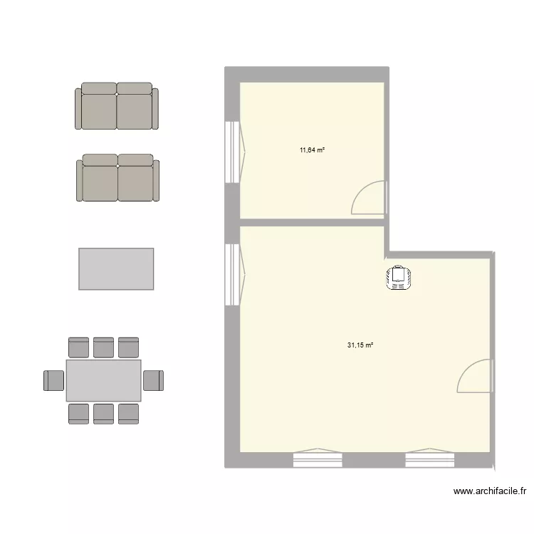 salon h&eacute;l&egrave;ne. Plan de 2 Pièces et 43 m²