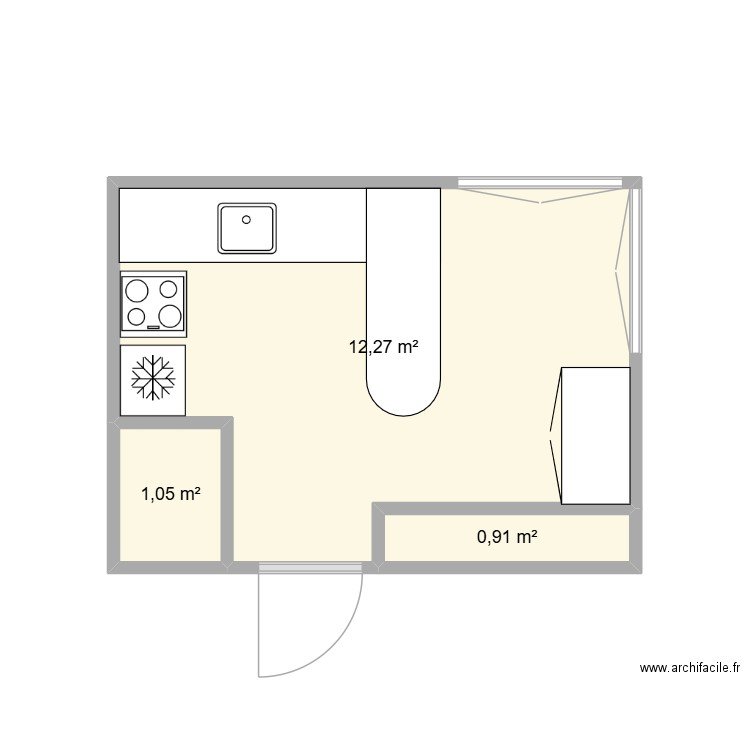 cuisine. Plan de 3 pièces et 14 m2