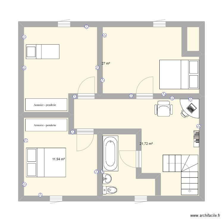etage1. Plan de 3 pièces et 61 m2