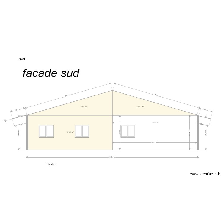 facade sud. Plan de 3 pièces et 33 m2