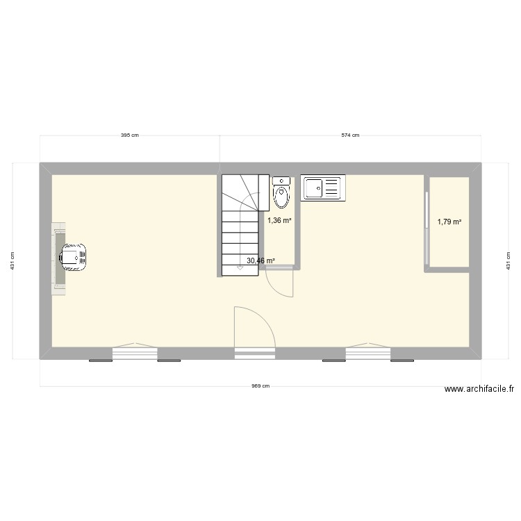 Rez de chaussee. Plan de 3 pièces et 38 m2