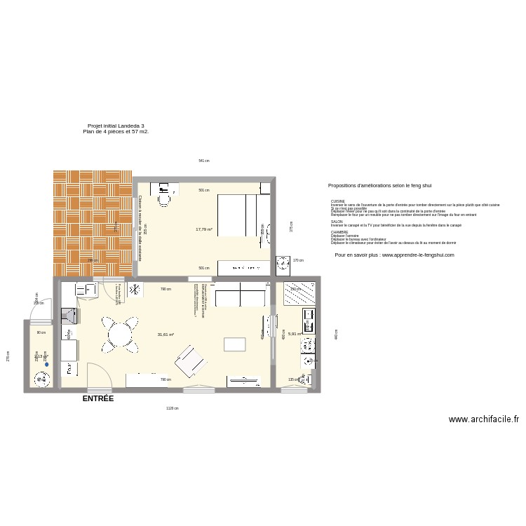 Projet Landeda 3 modif Porte et canape. Plan de 4 pièces et 57 m2