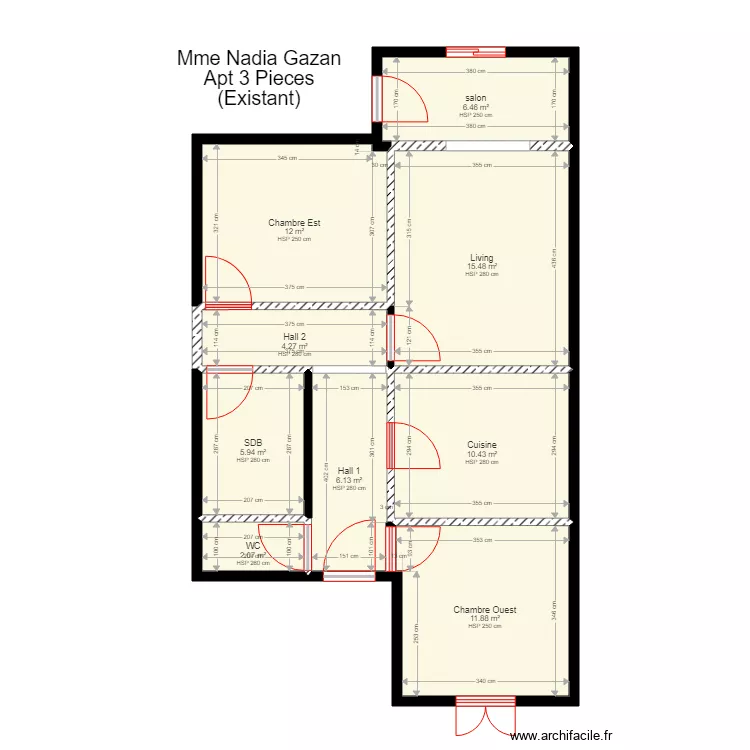 3 pieces GAZAN existant. Plan de 