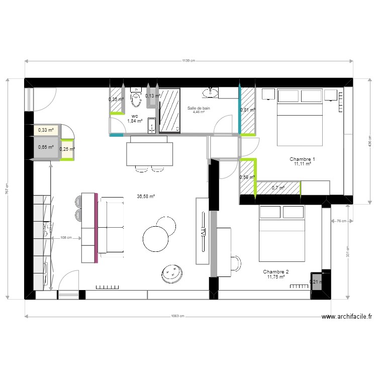 Plan appartement Projet 1 nouvelle cloisons. Plan de 14 pièces et 70 m2