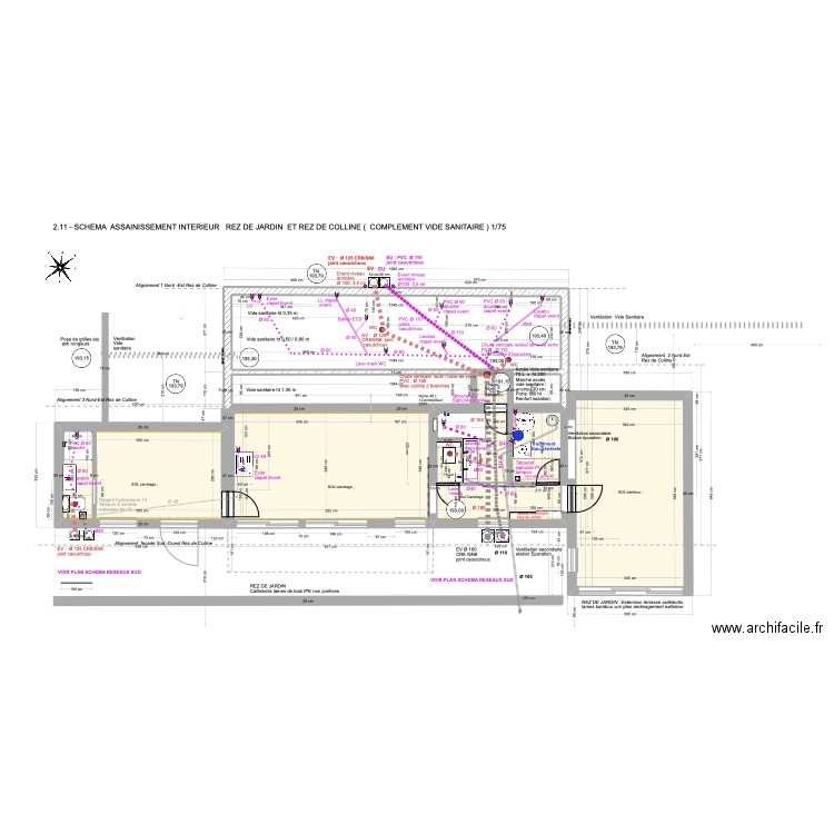 2.11 -SCHEMA ASSAINISSEMENT (COMPLEMENT ) REZ DE JARDIN ET REZ DE COLLINE, (VIDE SANITAIRE ) 1/75. Plan de 7 pièces et 105 m2