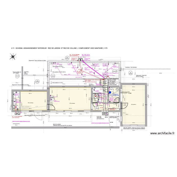 2.11 -SCHEMA ASSAINISSEMENT (COMPLEMENT ) REZ DE JARDIN ET REZ DE COLLINE, (VIDE SANITAIRE ) 1/75. Plan de 2.11 -SCHEMA ASSAINISSEMENT (COMPLEMENT ) REZ DE JARDIN ET REZ DE COLLINE, (VIDE SANITAIRE ) 1/75. Plan de