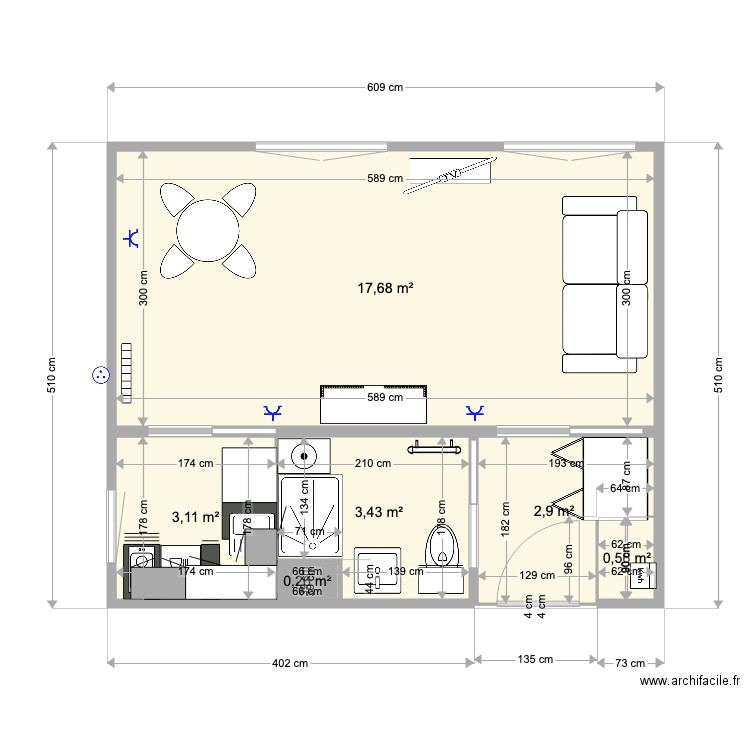 Royan Sans cloison. Plan de 6 pièces et 28 m2