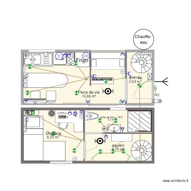 contenair electrique. Plan de 5 pièces et 26 m2