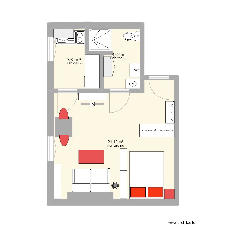 studio pb. Plan de 3 pièces et 29 m2