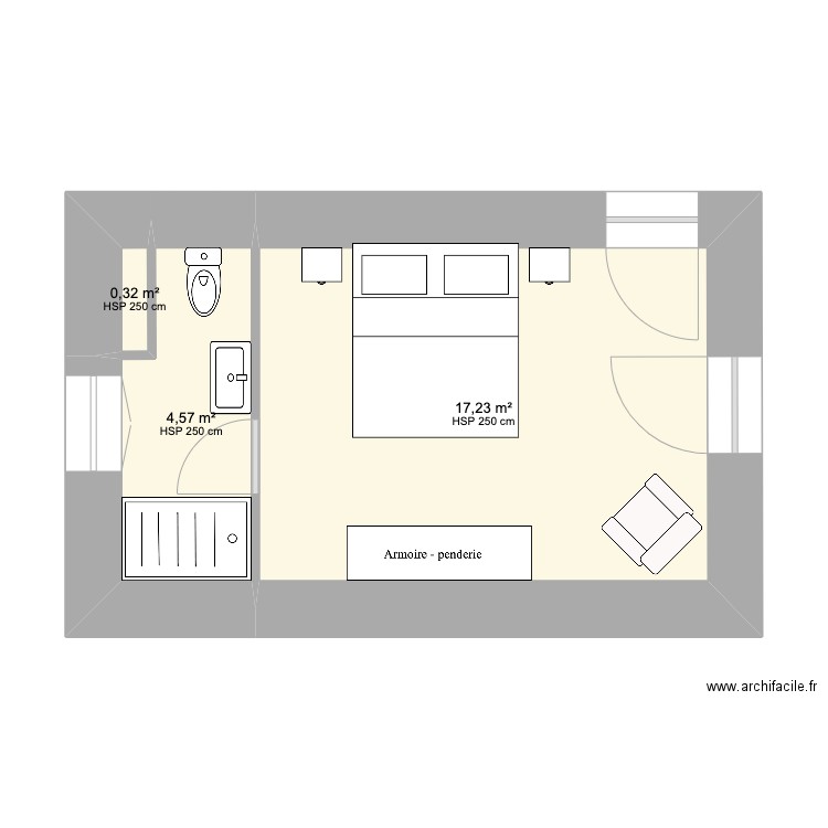 Chambre Principale + SDB 140. Plan de 3 pièces et 22 m2