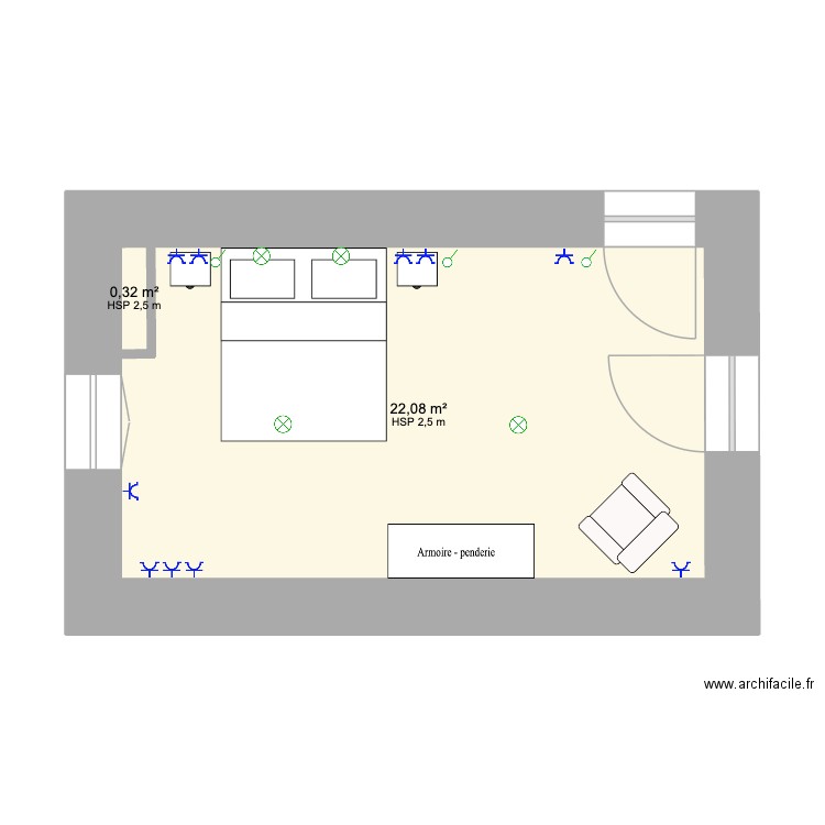 Chambre Principale + SDB 140. Plan de 3 pièces et 22 m2