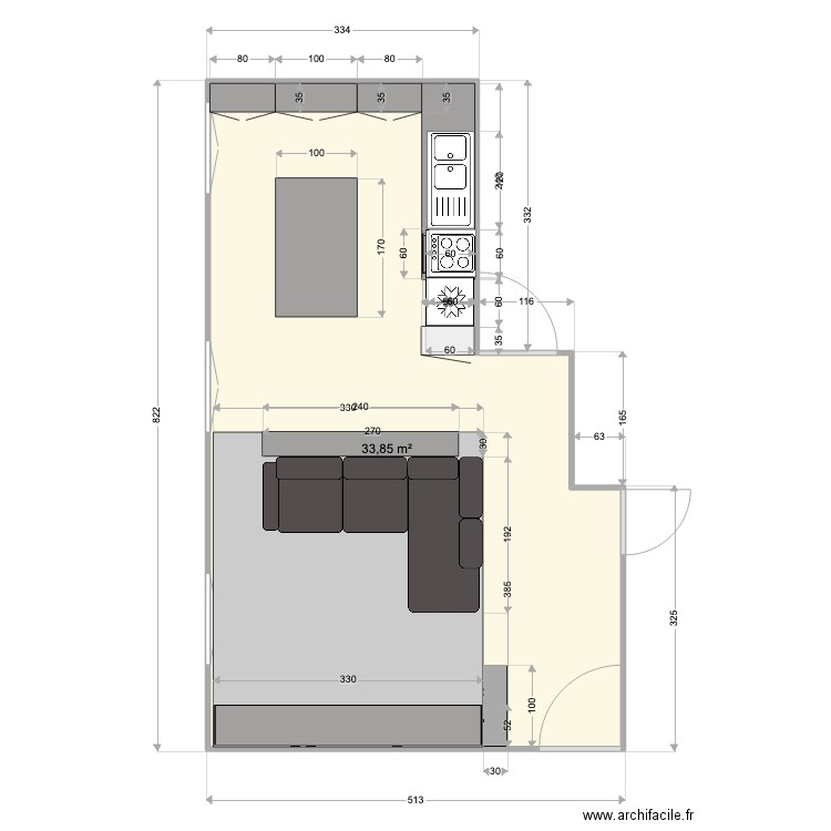 Salon Appartement Alban avec meubles. Plan de 1 pièce et 34 m2