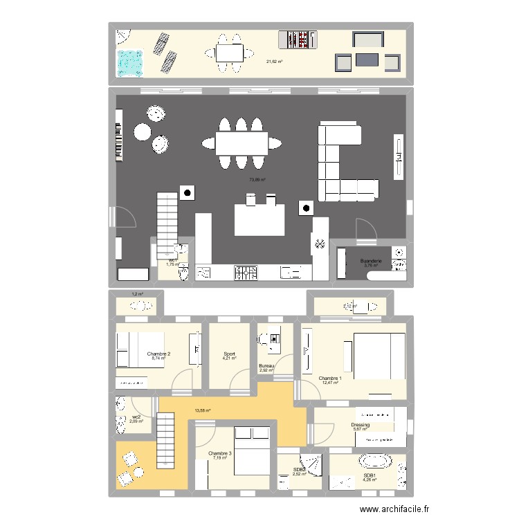 LOFT. Plan de 16 pièces et 168 m2