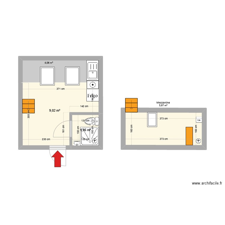 7 Marne Nantes Après travaux. Plan de 4 pièces et 21 m2