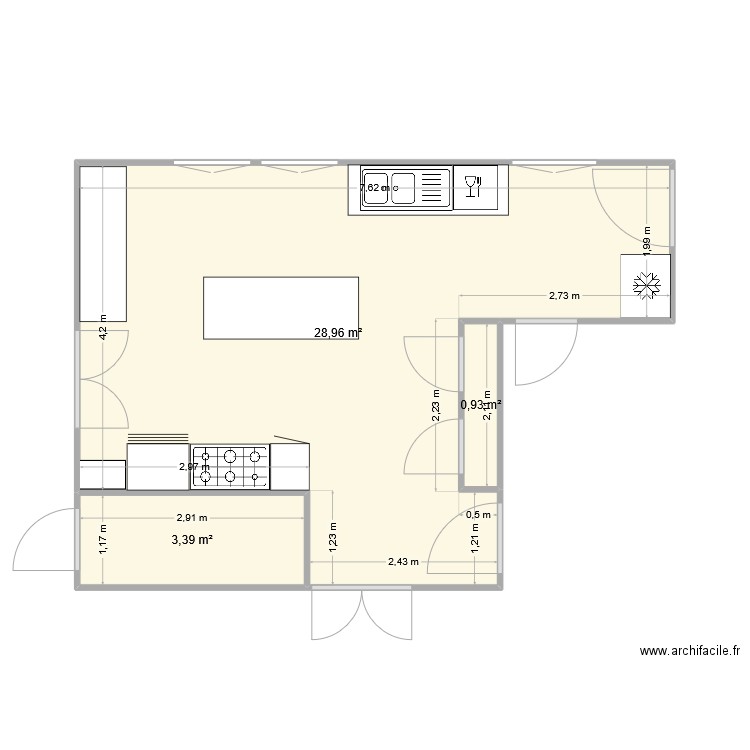 Cuisine Belvire. Plan de 3 pièces et 33 m2