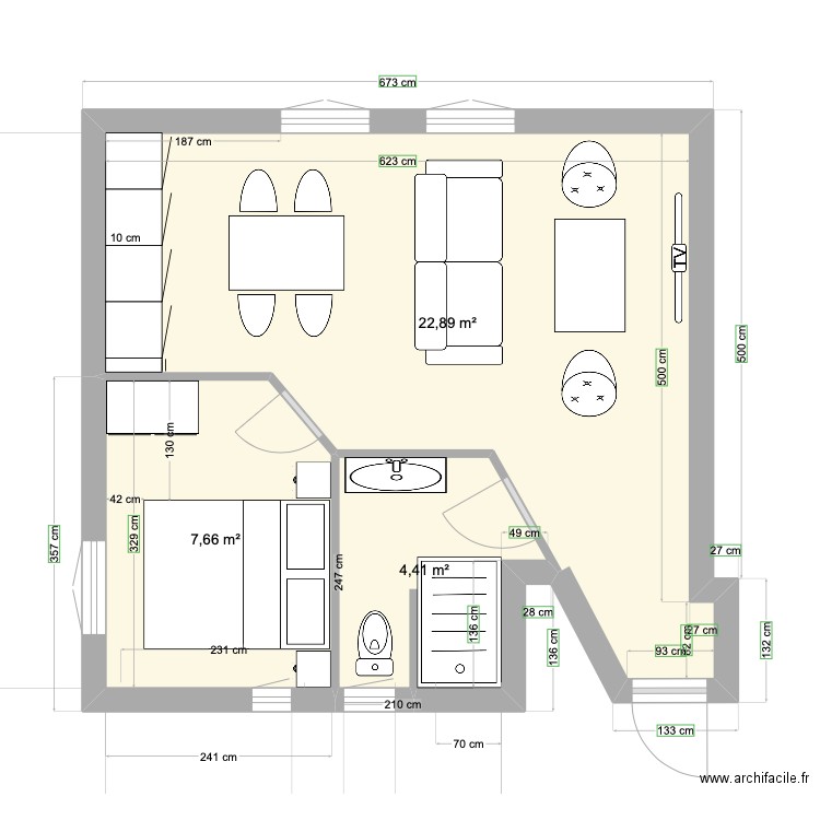 Saint Hilaire 1 V2. Plan de 3 pièces et 35 m2