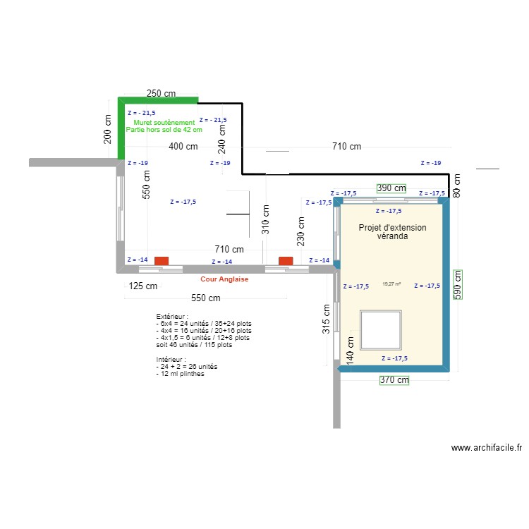 Terrasse et véranda calpinage V2 1m. Plan de 1 pièce et 19 m2