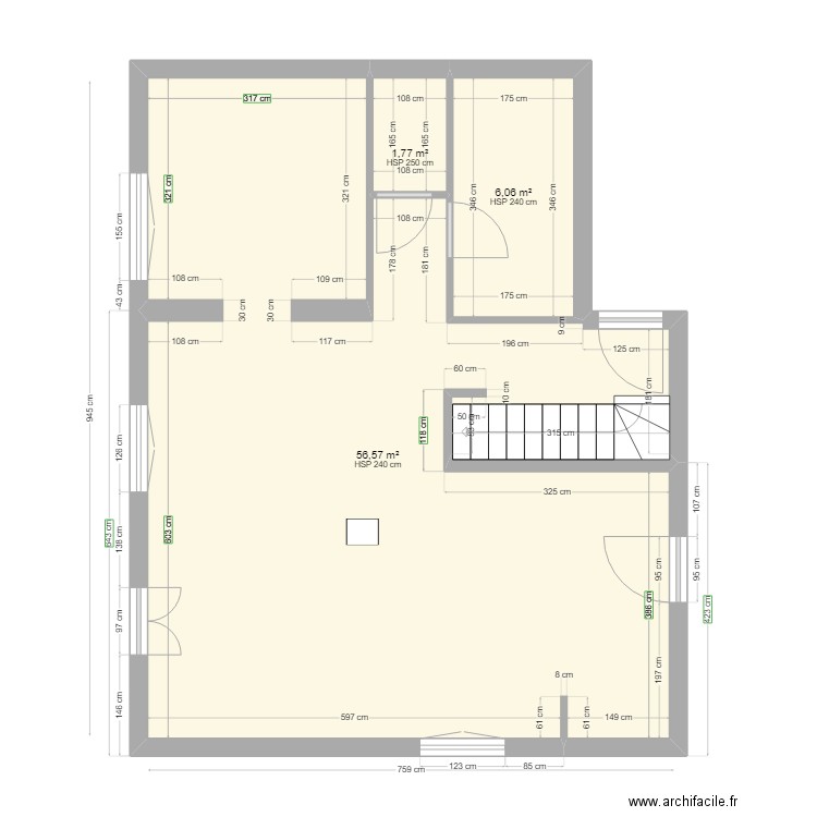 rdc . Plan de 3 pièces et 64 m2