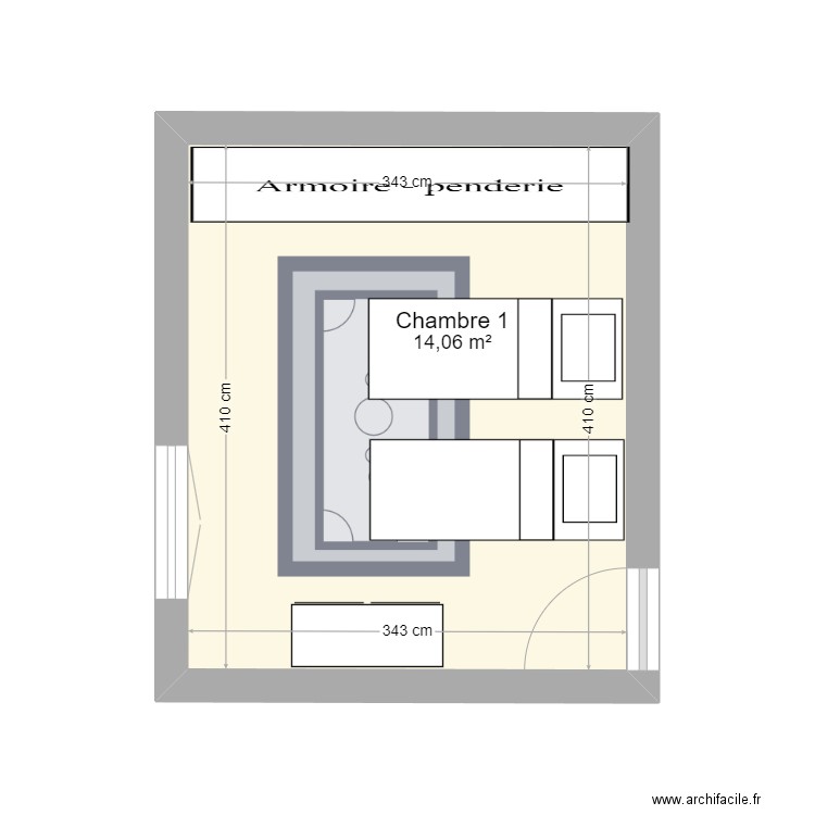 Marceau chambre 1 V3. Plan de 1 pièce et 14 m2