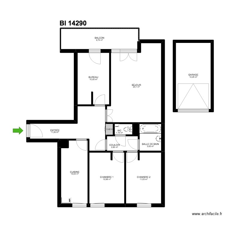 B1 14290. Plan de 14 pièces et 109 m2