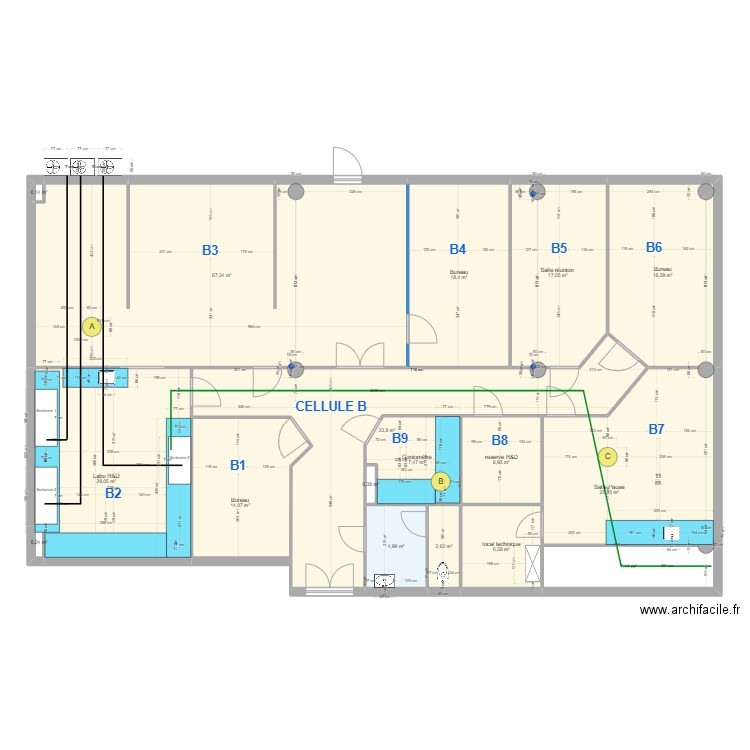 Cellule B - plan aménagement . Plan de 17 pièces et 261 m2