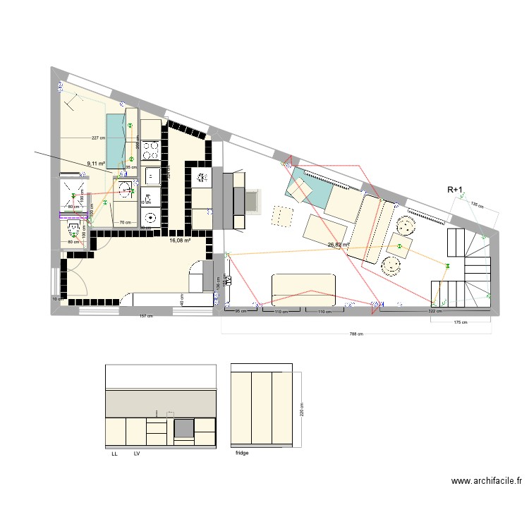 Sol. Plan de 3 pièces et 52 m2