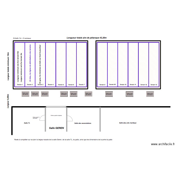 14 terrains de pétanque . Plan de 15 pièces et 268 m2