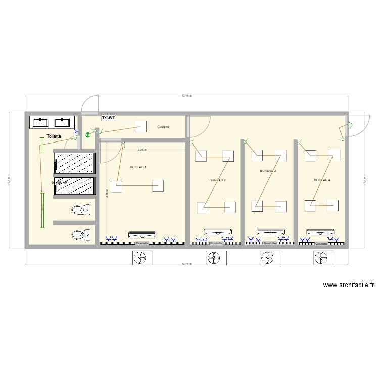 EPTA PLANT BUREAU ETAGE. Plan de 4 pièces et 54 m2