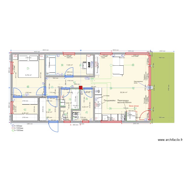 Озерецкое Лэнд. Plan de 8 pièces et 74 m2