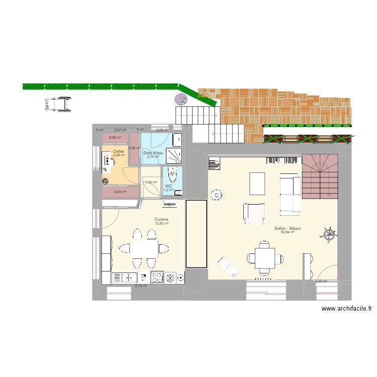 RDC WC verticale projet 9 avril 2022. Plan de 16 pièces et 57 m2