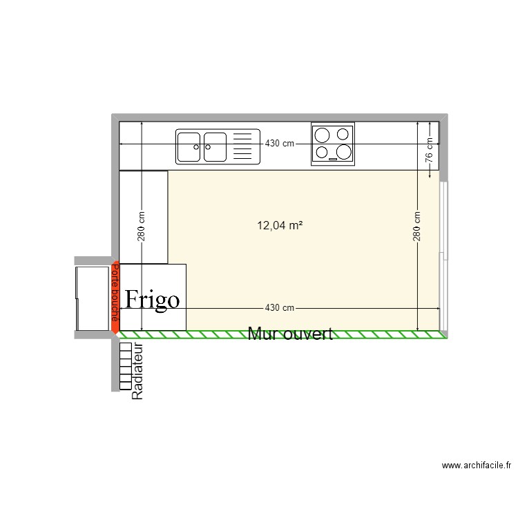 LECLERCQ Cuisine. Plan de 1 pièce et 12 m2