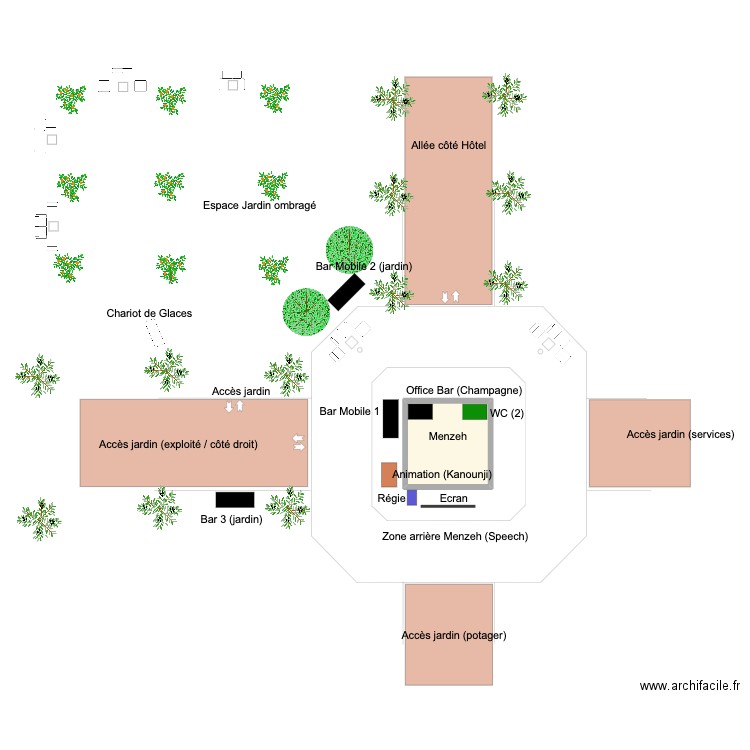 Implantation Menzeh Cocktail Dînatoire. Plan de 1 pièce et 29 m2