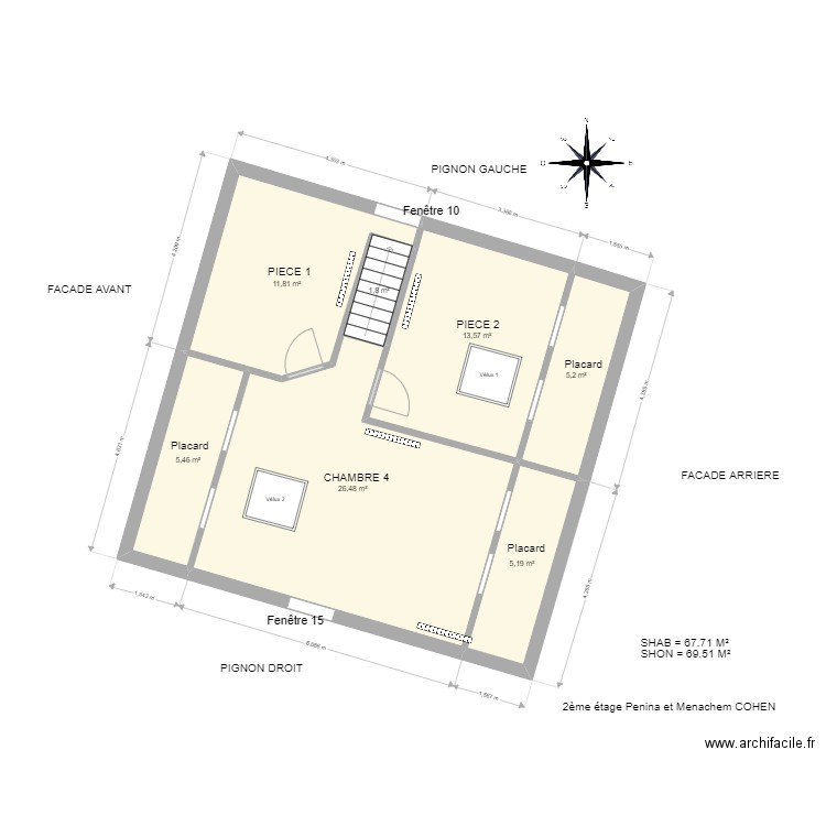 2ème étage COHEN Menachem et Penina. Plan de 7 pièces et 70 m2