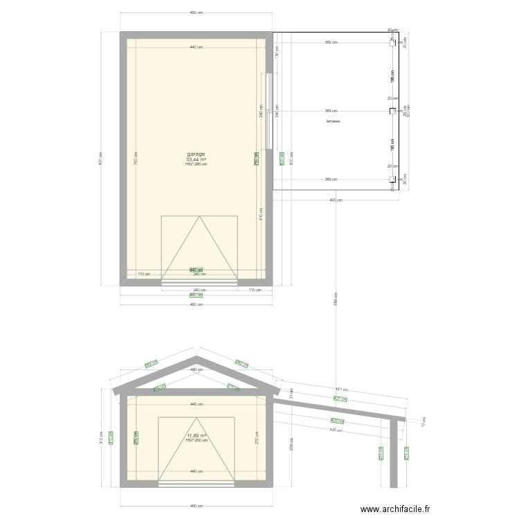 garage. Plan de 2 pièces et 45 m2