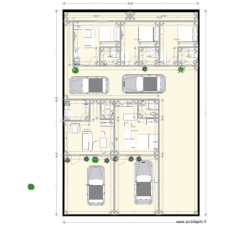 Motel Béatitude. Plan de 24 pièces et 291 m2