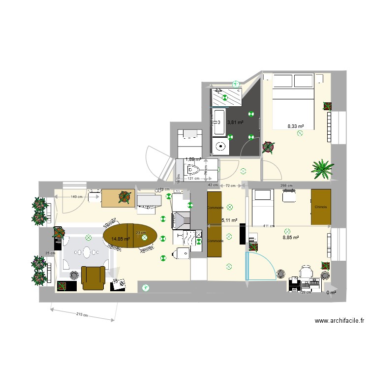 Dames quinter. Plan de 7 pièces et 43 m2