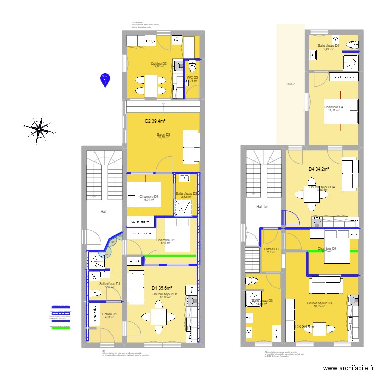 albi + d1 + d2 +d3 +d4. Plan de 18 pièces et 165 m2