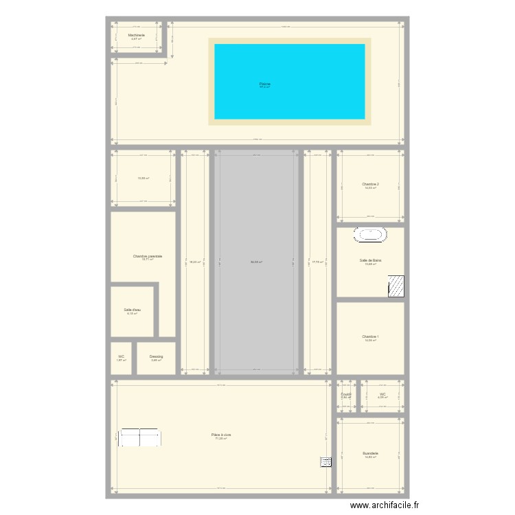 Plan 1 Version Patio intérieur. Plan de 17 pièces et 364 m2