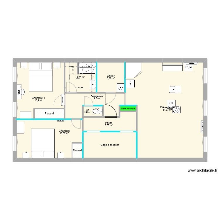 mDimensions T3 traversant 2ème étage. Plan de 13 pièces et 80 m2