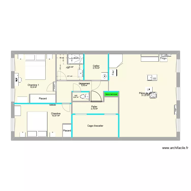 mDimensions T3 traversant 2&egrave;me &eacute;tage. Plan de 