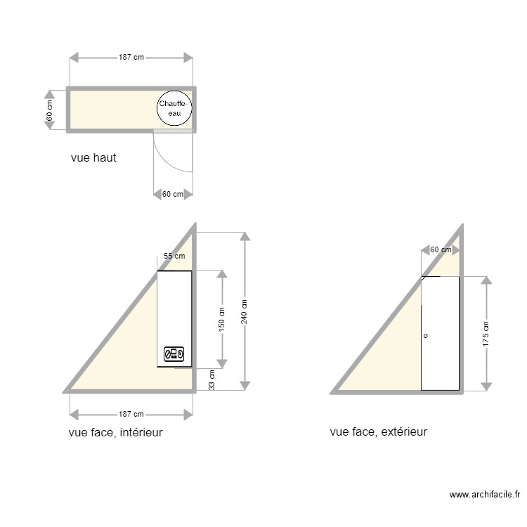 Chauffe eau. Plan de 3 pièces et 6 m2