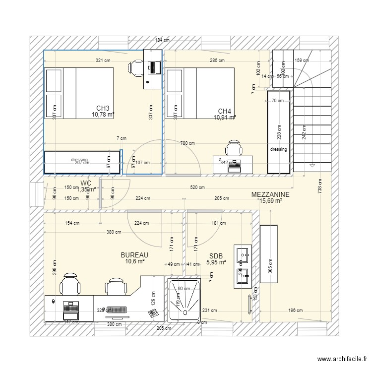 etage. Plan de 6 pièces et 55 m2